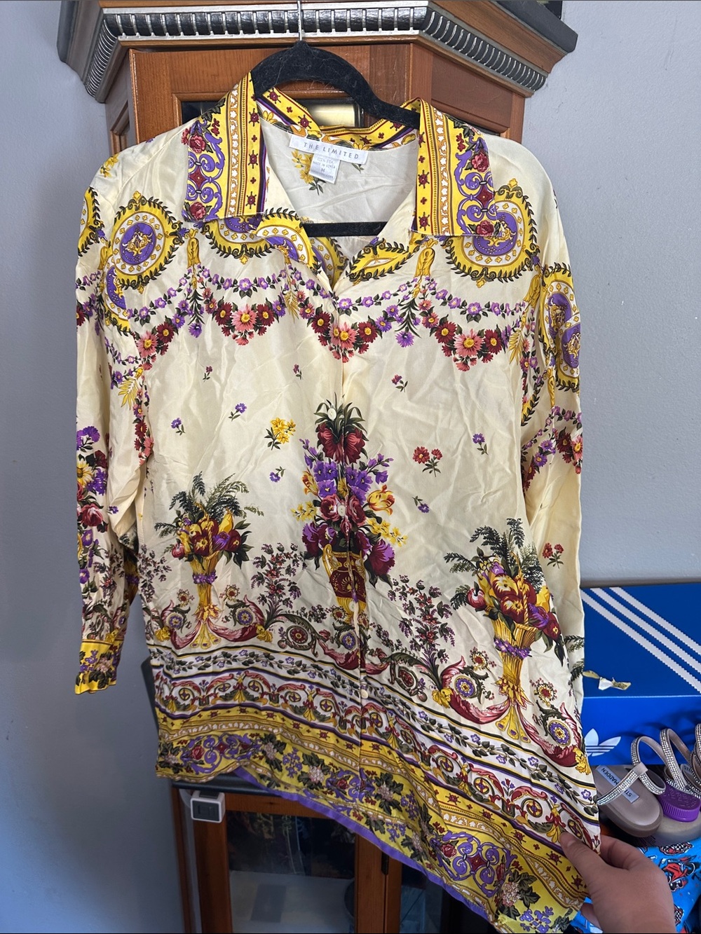 The Limited 100% Silk Cream Tunic with Purple & Yellow Floral Print